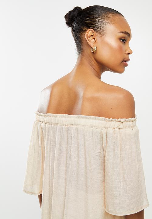 edit - Crinkle georgette off the shoulder top - stone