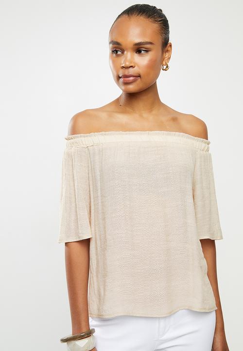 edit - Crinkle georgette off the shoulder top - stone