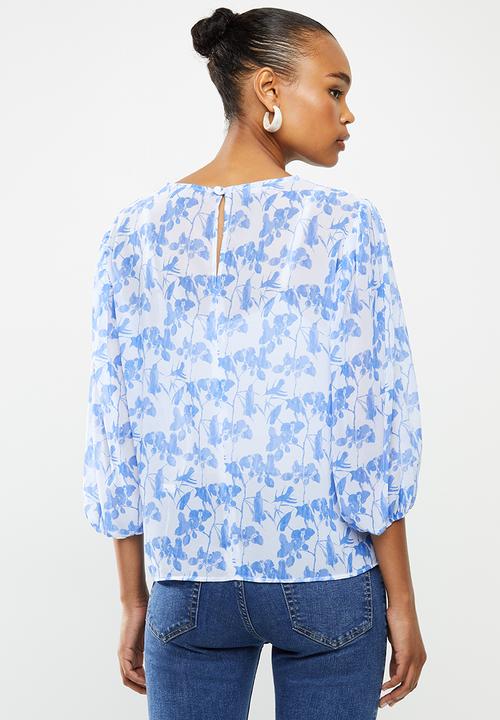edit - Puff sleeve chiffon blouse - blue 