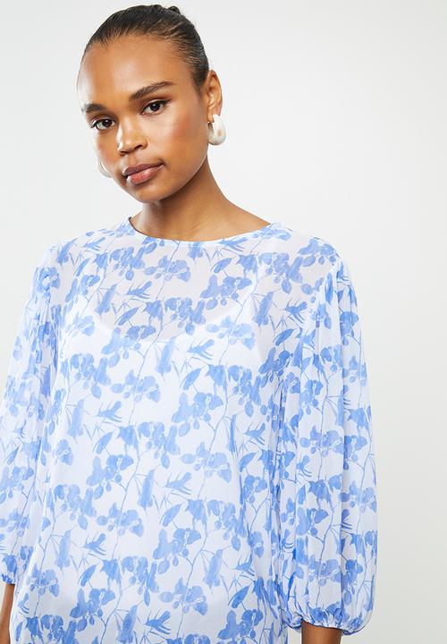 edit - Puff sleeve chiffon blouse - blue 