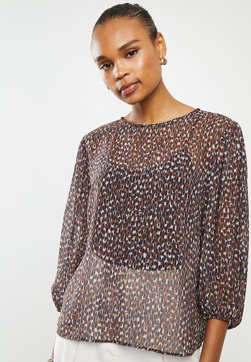 edit - Puff sleeve chiffon blouse - brown