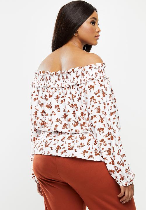 Glamorous - Plus bardot sleeve blouse - white & rust 