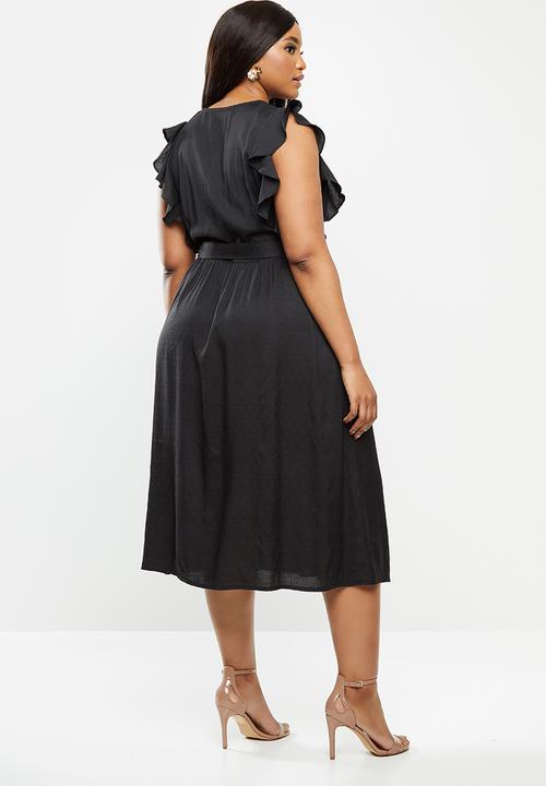 Glamorous - Plus size deep v-neck tie front midi dress - black