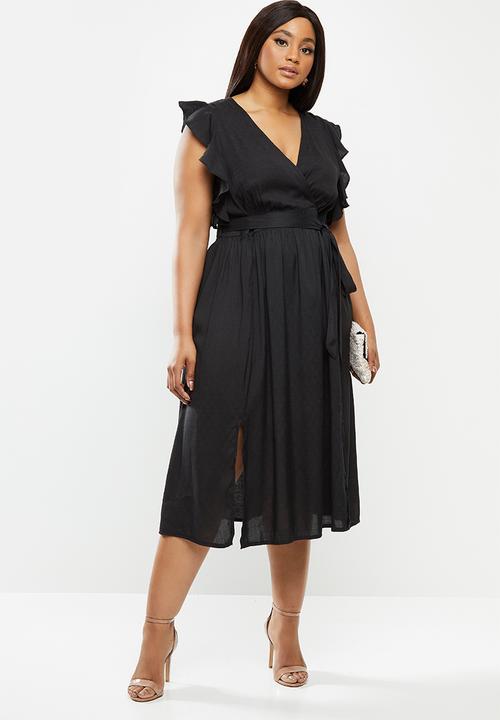 Glamorous - Plus size deep v-neck tie front midi dress - black