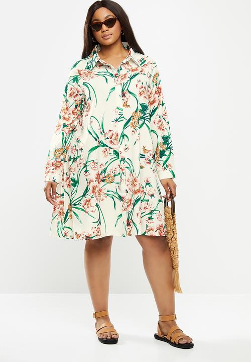 Glamorous - Plus long sleeve button through swing shirt dress - olive rose