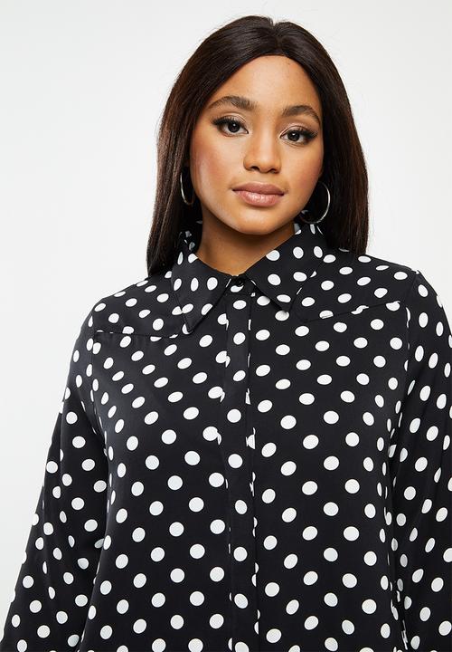 Glamorous - Plus long sleeve button through swing shirt dress - black & white 