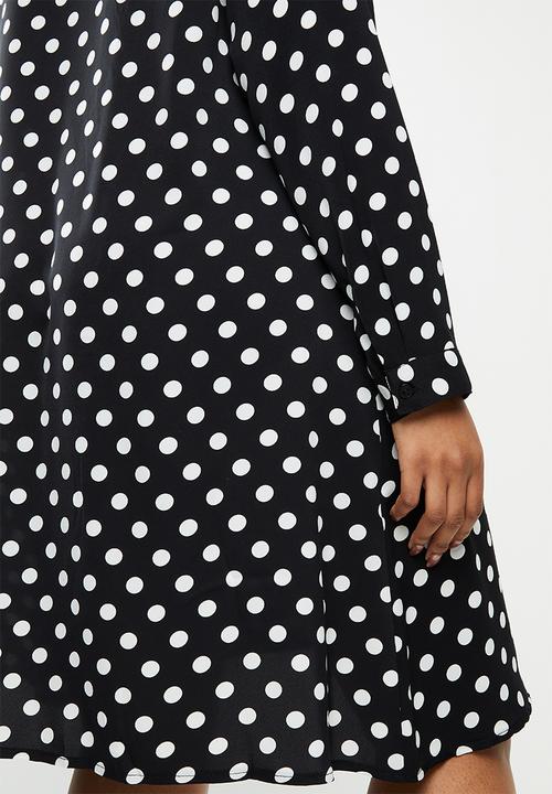 Glamorous - Plus long sleeve button through swing shirt dress - black & white 