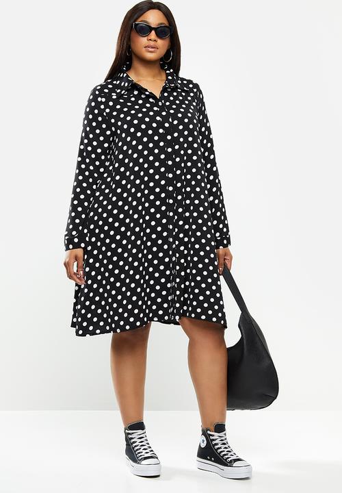 Glamorous - Plus long sleeve button through swing shirt dress - black & white 