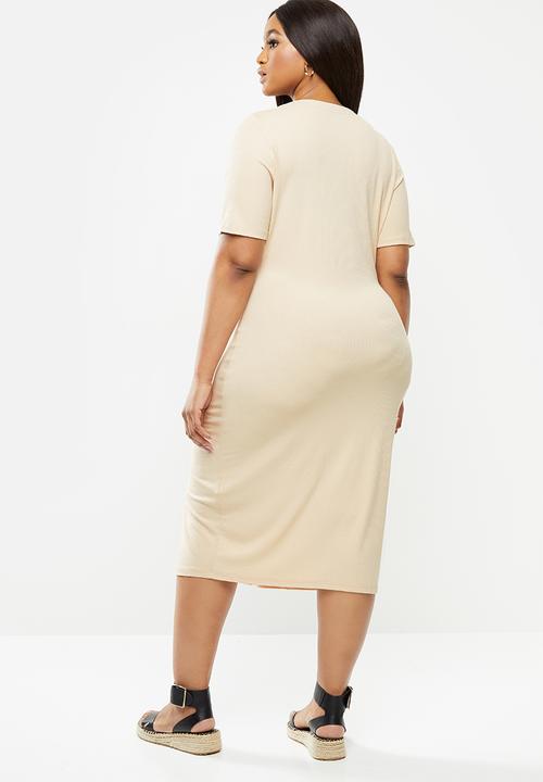 Glamorous - Plus button through rib dress - stone
