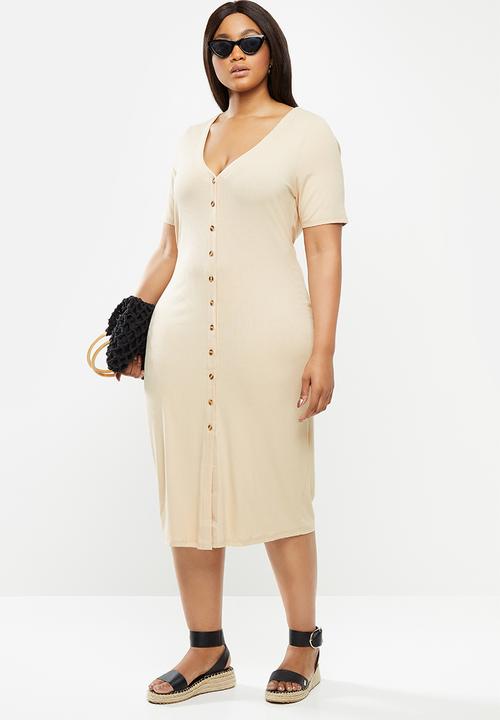 Glamorous - Plus button through rib dress - stone