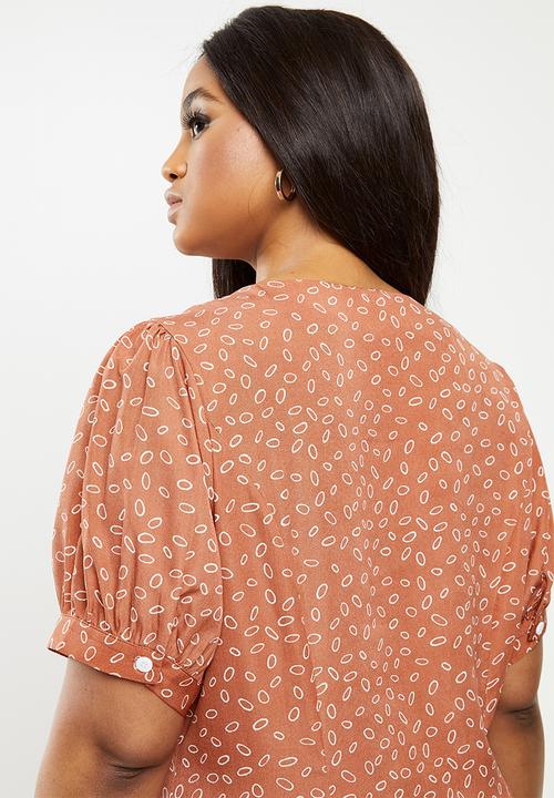Glamorous - Plus button through midi dress - rust & white 