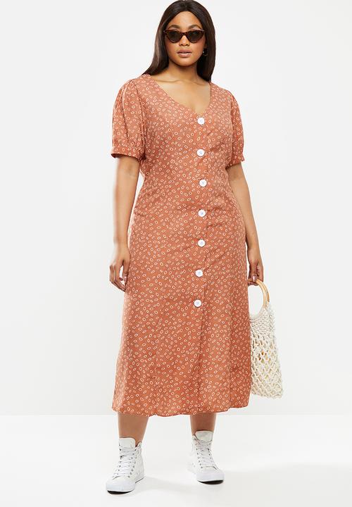 Glamorous - Plus button through midi dress - rust & white 