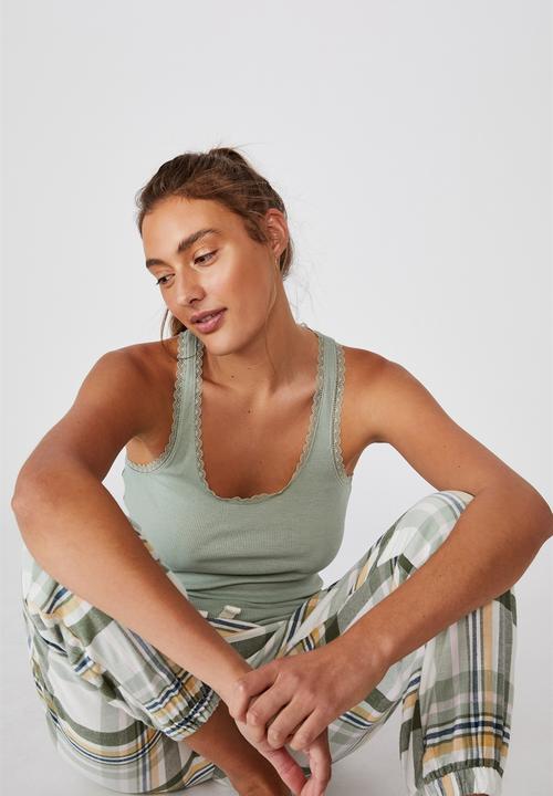 Cotton On - Lace racer back tank - washed aloe marle