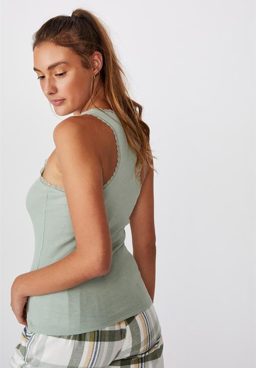 Cotton On - Lace racer back tank - washed aloe marle