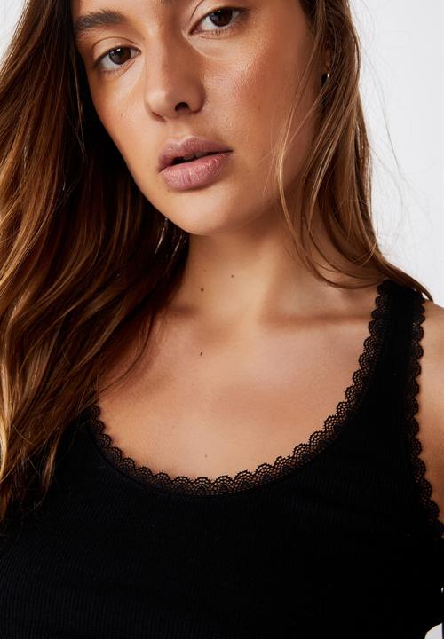 Cotton On - Lace racer back tank - black