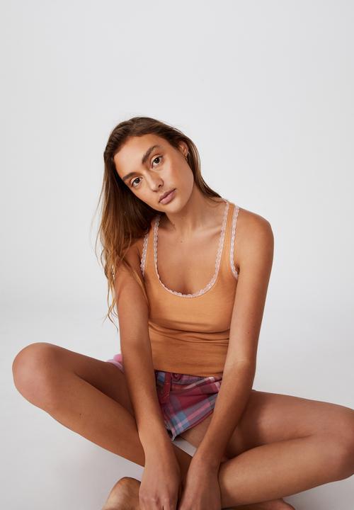 Cotton On - Lace racer back tank - biscuit marle
