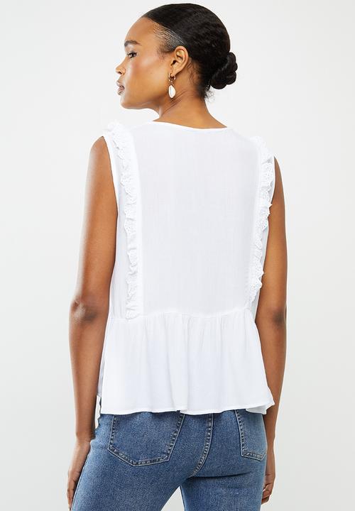 Brave Soul - Frill sleeve top with front lace - white