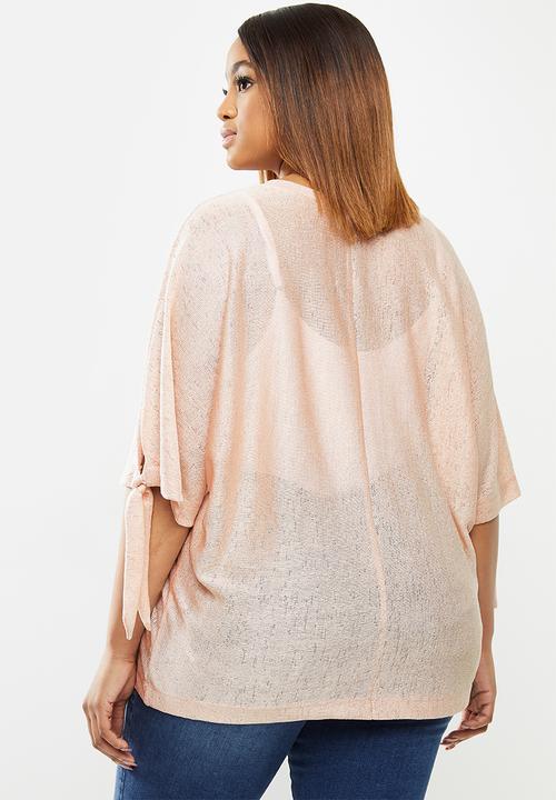 edit Plus - Tie sleeve linen blend tee - pink