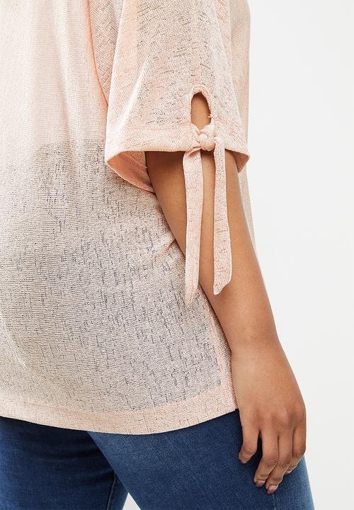 edit Plus - Tie sleeve linen blend tee - pink