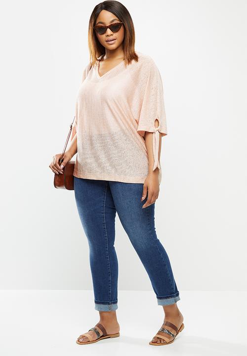 edit Plus - Tie sleeve linen blend tee - pink