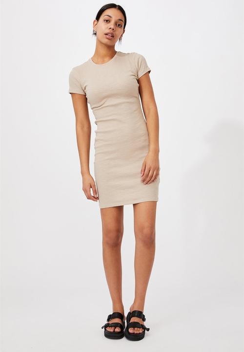 Cotton On - Essential short sleeve bodycon midi dress - latte marle rib