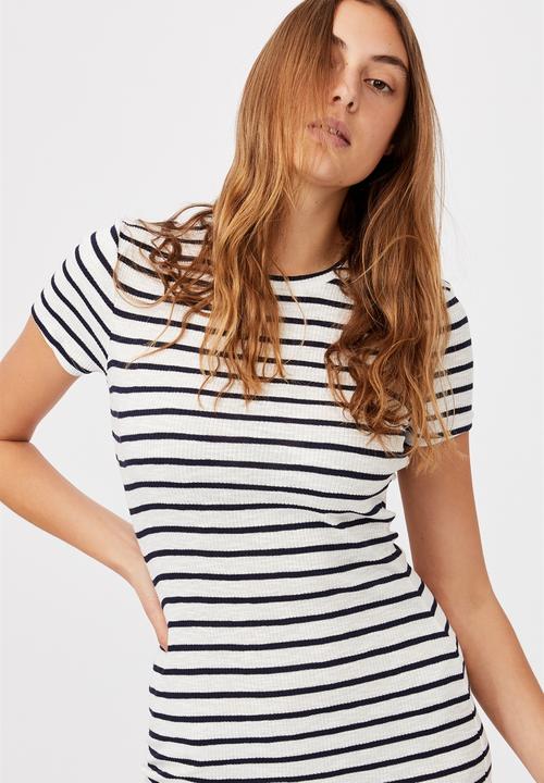 Cotton On - Essential short sleeve bodycon midi dress - stripe white & navy rib