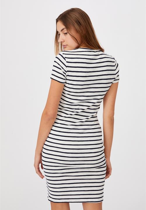 Cotton On - Essential short sleeve bodycon midi dress - stripe white & navy rib