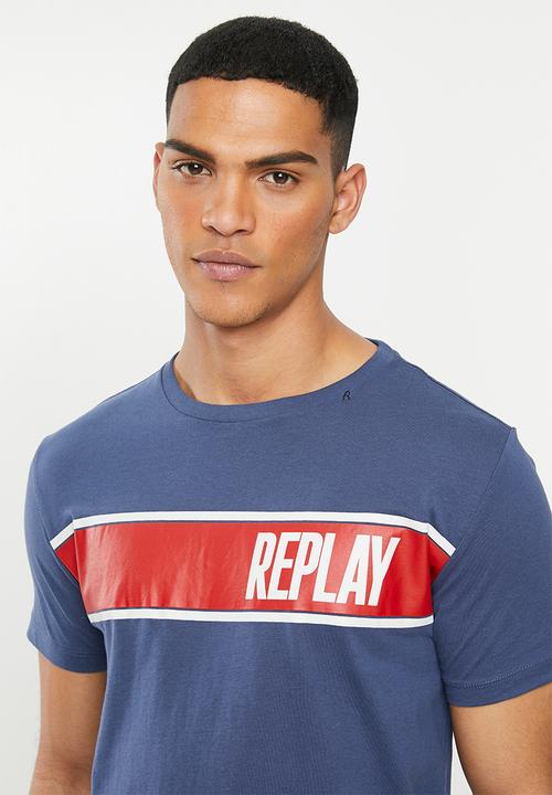 Replay - Black side printed logo tee - navy