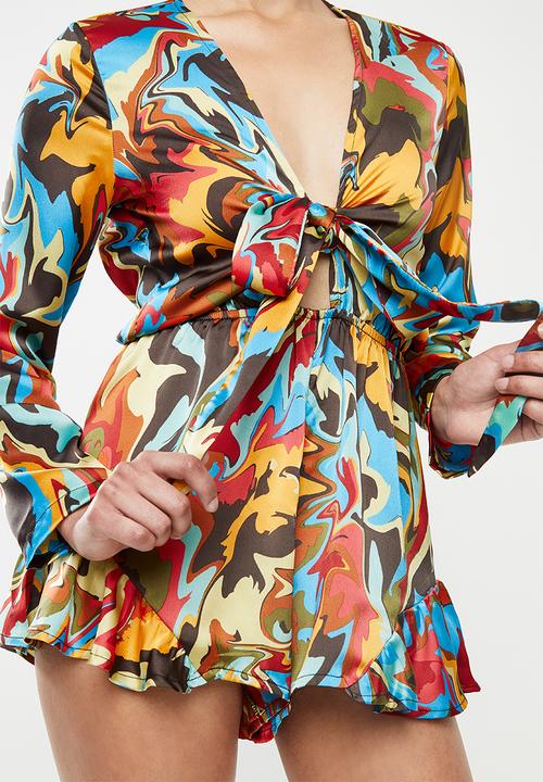 Glamorous - Petite marble long sleeve playsuit - multi