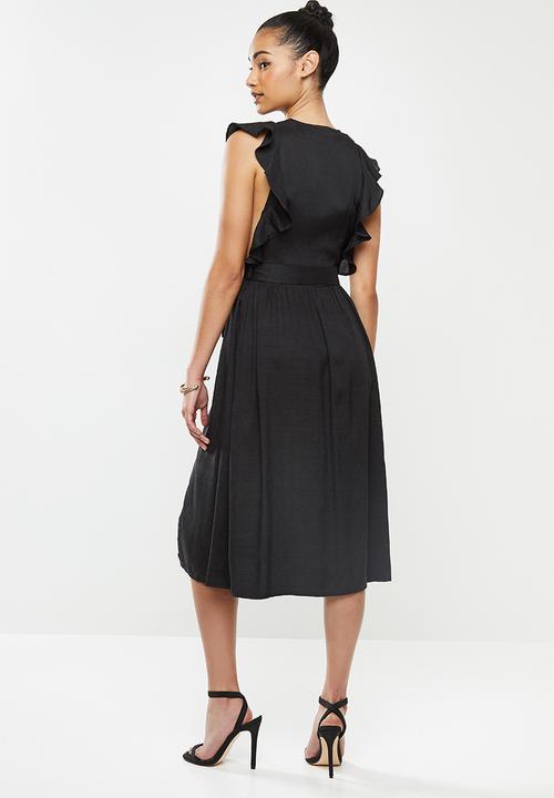 Glamorous - Petite deep v tie front midi dress - black