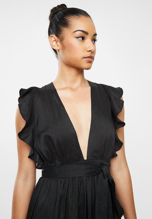 Glamorous - Petite deep v tie front midi dress - black