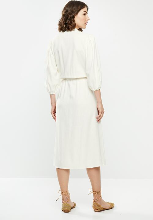 edit - Rope trim mandarin collar linen dress - milk