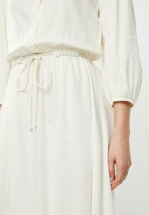 edit - Rope trim mandarin collar linen dress - milk