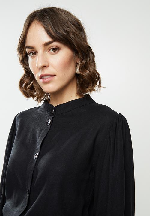 edit - Rope trim mandarin collar Linen dress - black