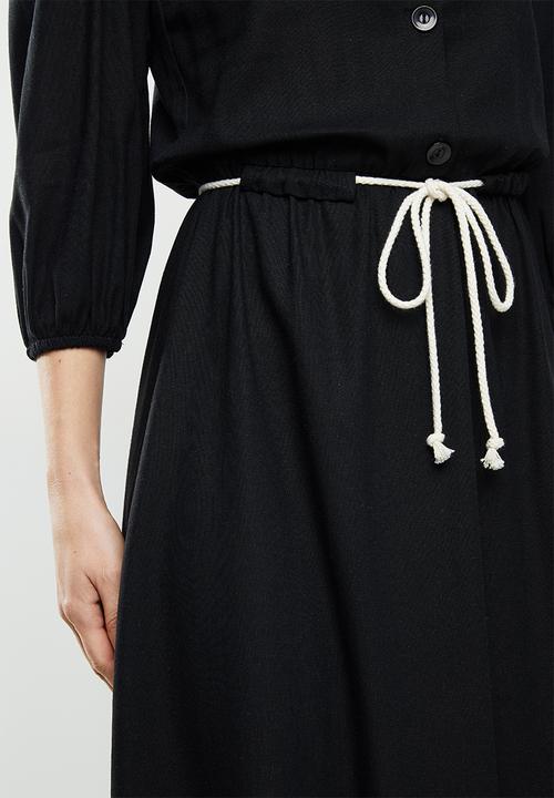edit - Rope trim mandarin collar Linen dress - black