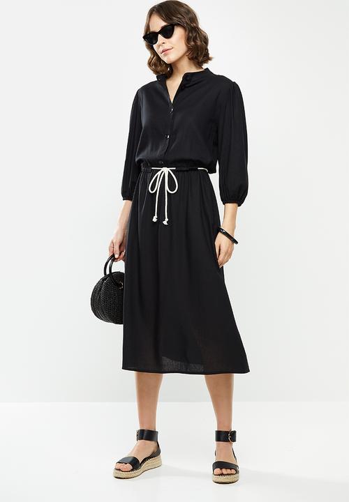 edit - Rope trim mandarin collar Linen dress - black