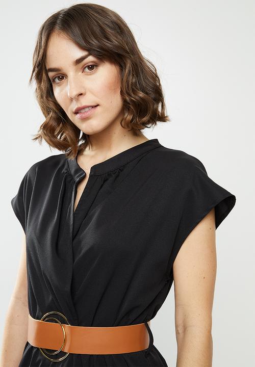 edit - Mandarin collar belted tiered midi - black
