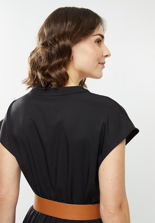 edit - Mandarin collar belted tiered midi - black