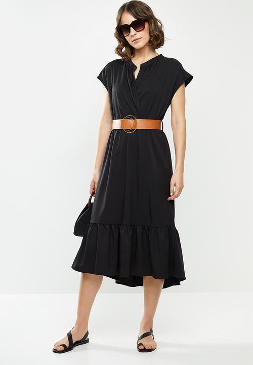 edit - Mandarin collar belted tiered midi - black