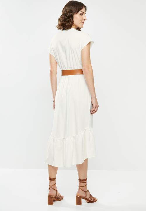 edit - Mandarin collar belted tiered midi - white