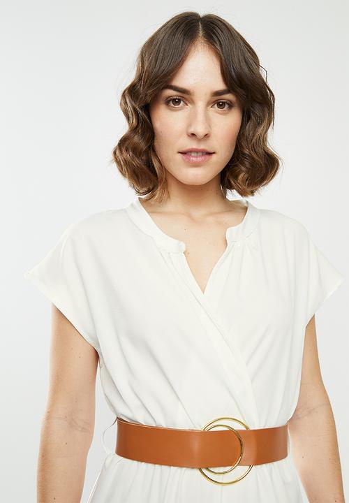 edit - Mandarin collar belted tiered midi - white