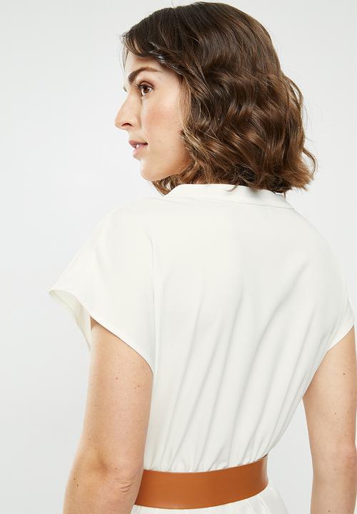 edit - Mandarin collar belted tiered midi - white