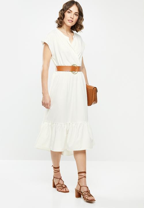 edit - Mandarin collar belted tiered midi - white