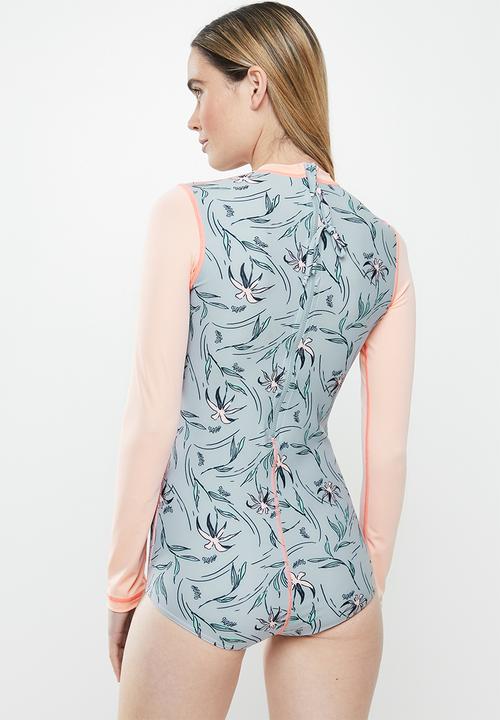 Lizzy - Birch floral upf long sleeve swimsuit - grey & coral