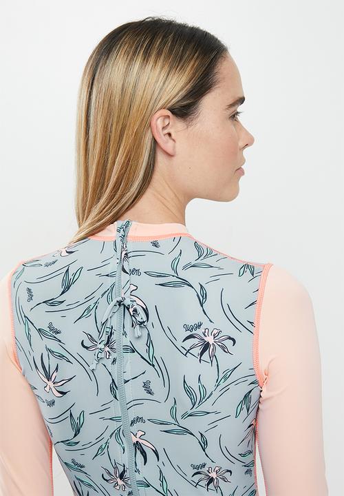 Lizzy - Birch floral upf long sleeve swimsuit - grey & coral