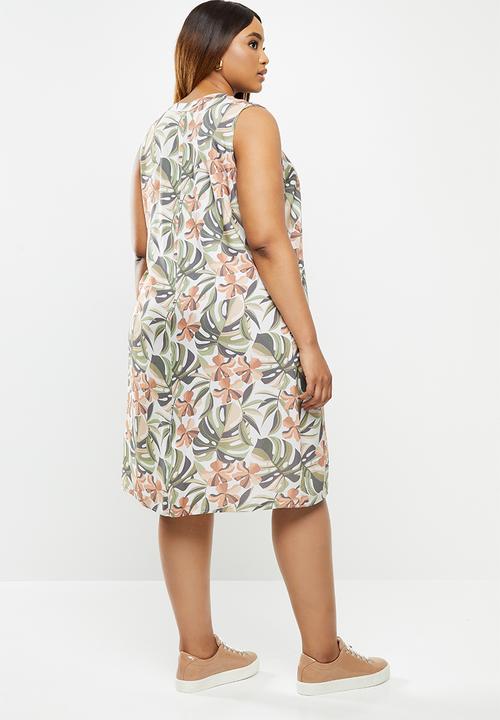 edit Plus - Short sleeve mandarin dress - peach & green 