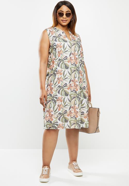 edit Plus - Short sleeve mandarin dress - peach & green 