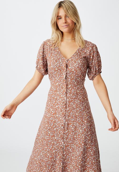 Cotton On - Woven Clara button through midi dress - ditsy mid brown