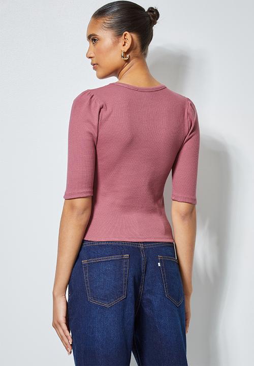 Superbalist - Single hi neck puff sleeve rib top - pink