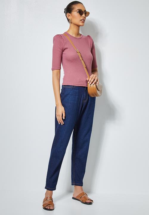 Superbalist - Single hi neck puff sleeve rib top - pink